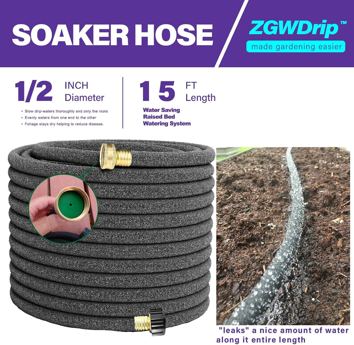 15FT 1/2" Water-Saving Soaker Hose with Solid Brass Connectors, Drip Irrigation Kit for Lawn & Yard