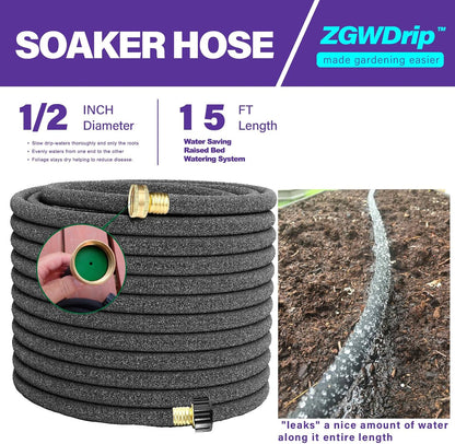 15FT 1/2" Water-Saving Soaker Hose with Solid Brass Connectors, Drip Irrigation Kit for Lawn & Yard