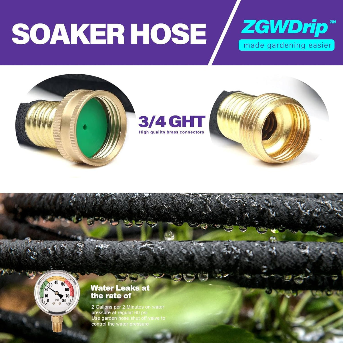 15FT 1/2" Water-Saving Soaker Hose with Solid Brass Connectors, Drip Irrigation Kit for Lawn & Yard