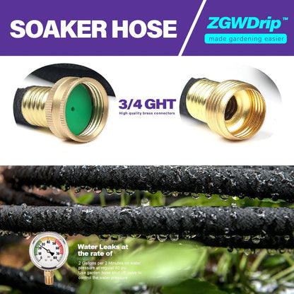 15FT 1/2" Water-Saving Soaker Hose with Solid Brass Connectors, Drip Irrigation Kit for Lawn & Yard
