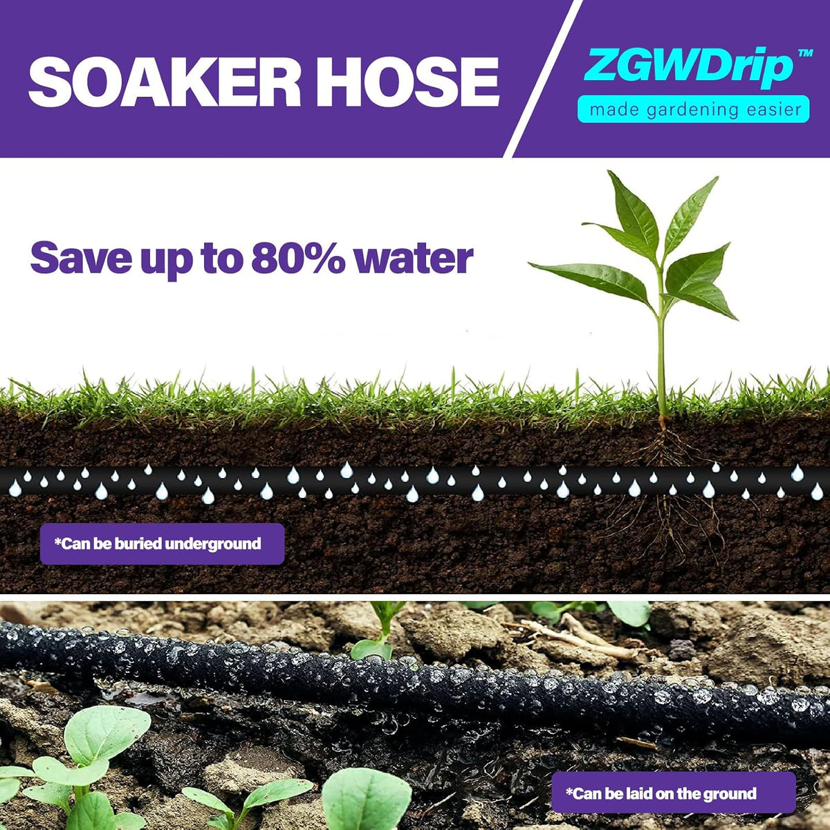 15FT 1/2" Water-Saving Soaker Hose with Solid Brass Connectors, Drip Irrigation Kit for Lawn & Yard