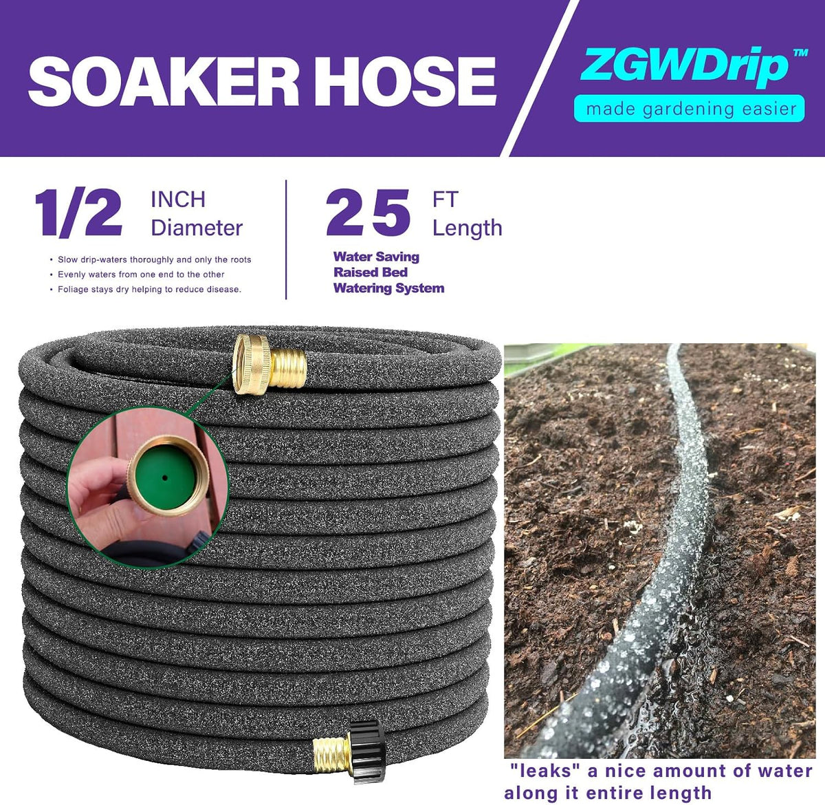 15FT 1/2" Water-Saving Soaker Hose with Solid Brass Connectors, Drip Irrigation Kit for Lawn & Yard