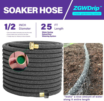 15FT 1/2" Water-Saving Soaker Hose with Solid Brass Connectors, Drip Irrigation Kit for Lawn & Yard