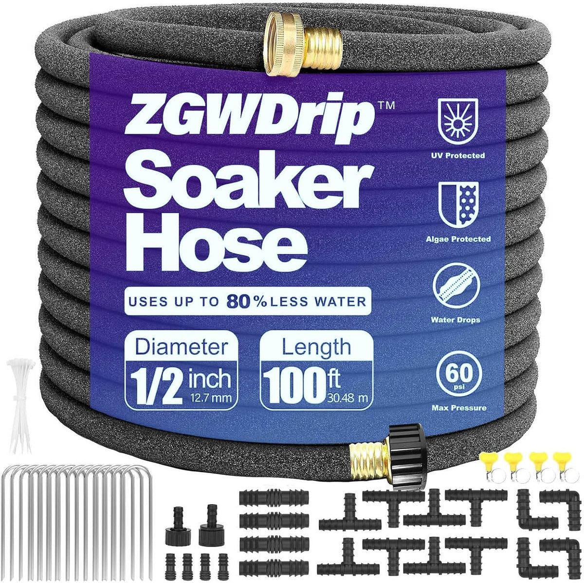 15FT 1/2" Water-Saving Soaker Hose with Solid Brass Connectors, Drip Irrigation Kit for Lawn & Yard