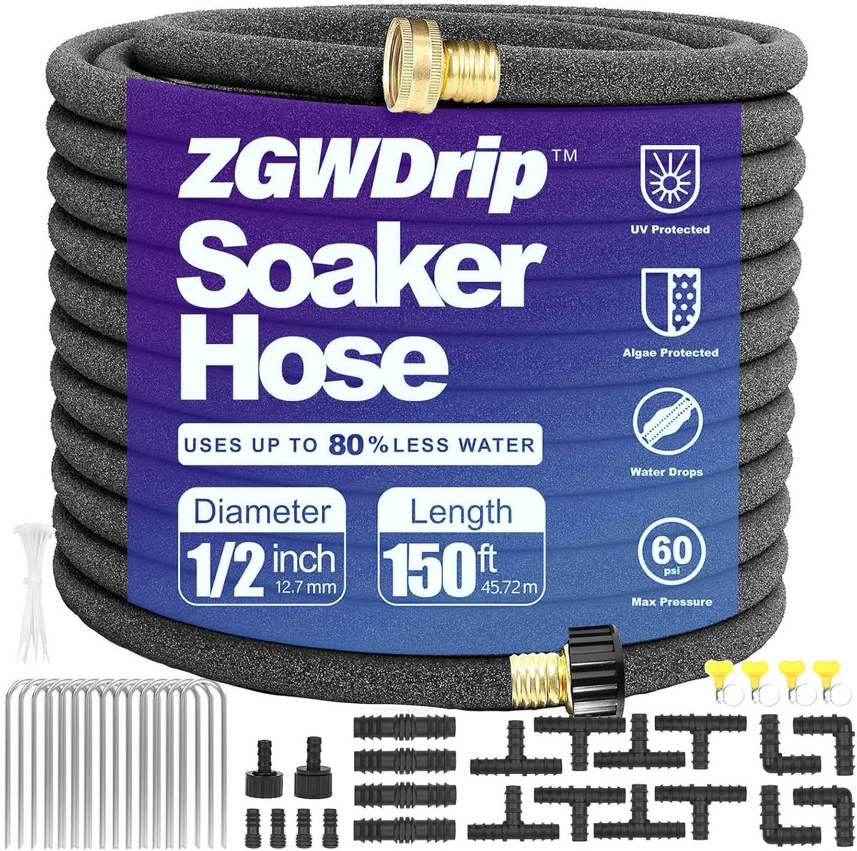 15FT 1/2" Water-Saving Soaker Hose with Solid Brass Connectors, Drip Irrigation Kit for Lawn & Yard