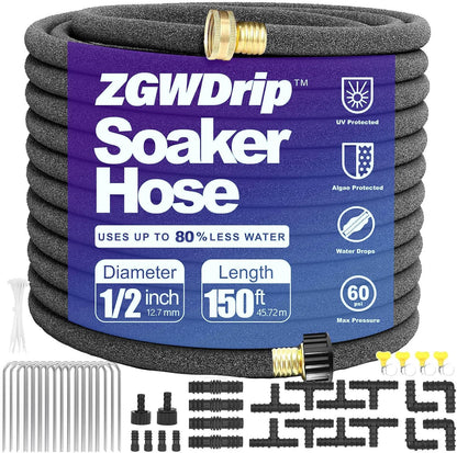 15FT 1/2" Water-Saving Soaker Hose with Solid Brass Connectors, Drip Irrigation Kit for Lawn & Yard