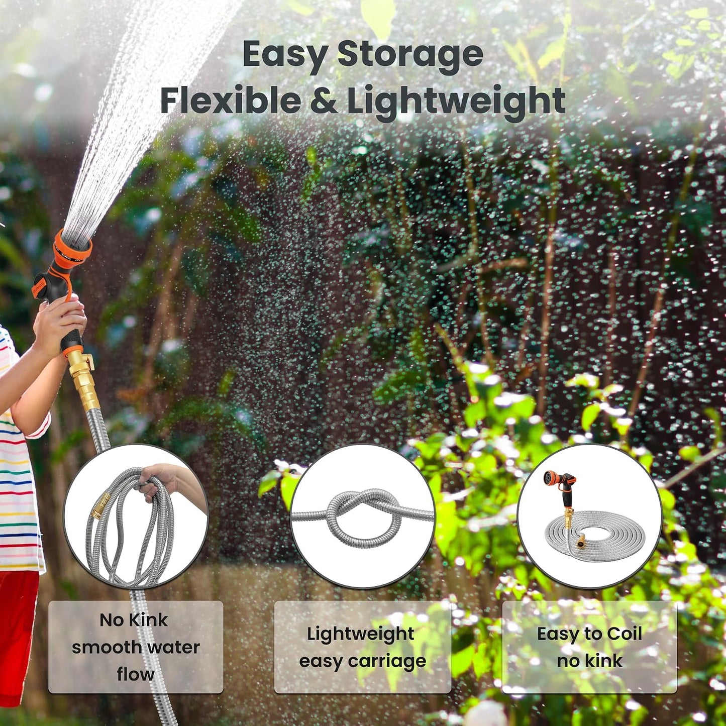 Garden Hose 50ft x 5/8", 304 Stainless Steel Metal Water Hose