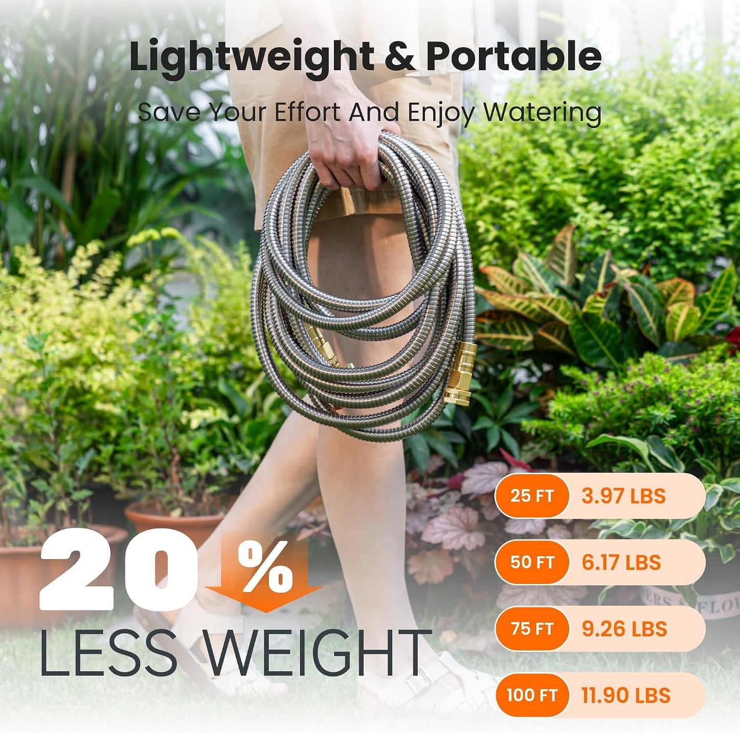 Garden Hose 50ft x 5/8", 304 Stainless Steel Metal Water Hose