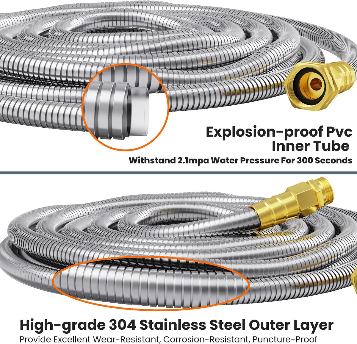 Garden Hose 50ft x 5/8", 304 Stainless Steel Metal Water Hose
