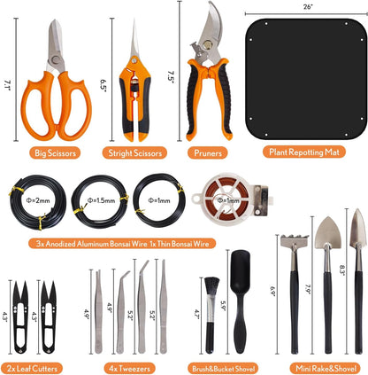 Bonsai Tools Kit 20 Pcs Garden Tools Set for Beginner, Gardening Gift for Women Men, Includes Bonsai Wire Kit, Plant Mat, Pruning Shears, Bonsai Scissors, Succulent Tools in Leather Storage Bag