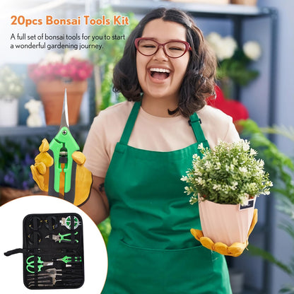 Bonsai Tools Kit 20 Pcs Garden Tools Set for Beginner, Gardening Gift for Women Men, Includes Bonsai Wire Kit, Plant Mat, Pruning Shears, Bonsai Scissors, Succulent Tools in Leather Storage Bag