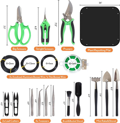 Bonsai Tools Kit 20 Pcs Garden Tools Set for Beginner, Gardening Gift for Women Men, Includes Bonsai Wire Kit, Plant Mat, Pruning Shears, Bonsai Scissors, Succulent Tools in Leather Storage Bag