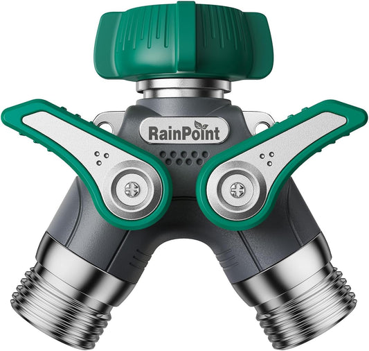 Garden Hose Splitter, 2 Way Heavy Duty Water Hose Y Spigot Splitter with Shutoff Valves, 100% Metal Body Outdoor Faucet Splitter, 1.9" Extra Long Metal Handle (1, Deep Green)