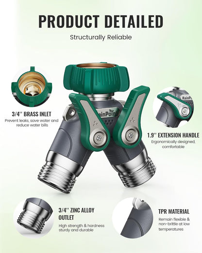 Garden Hose Splitter, 2 Way Heavy Duty Water Hose Y Spigot Splitter with Shutoff Valves, 100% Metal Body Outdoor Faucet Splitter, 1.9" Extra Long Metal Handle (1, Deep Green)