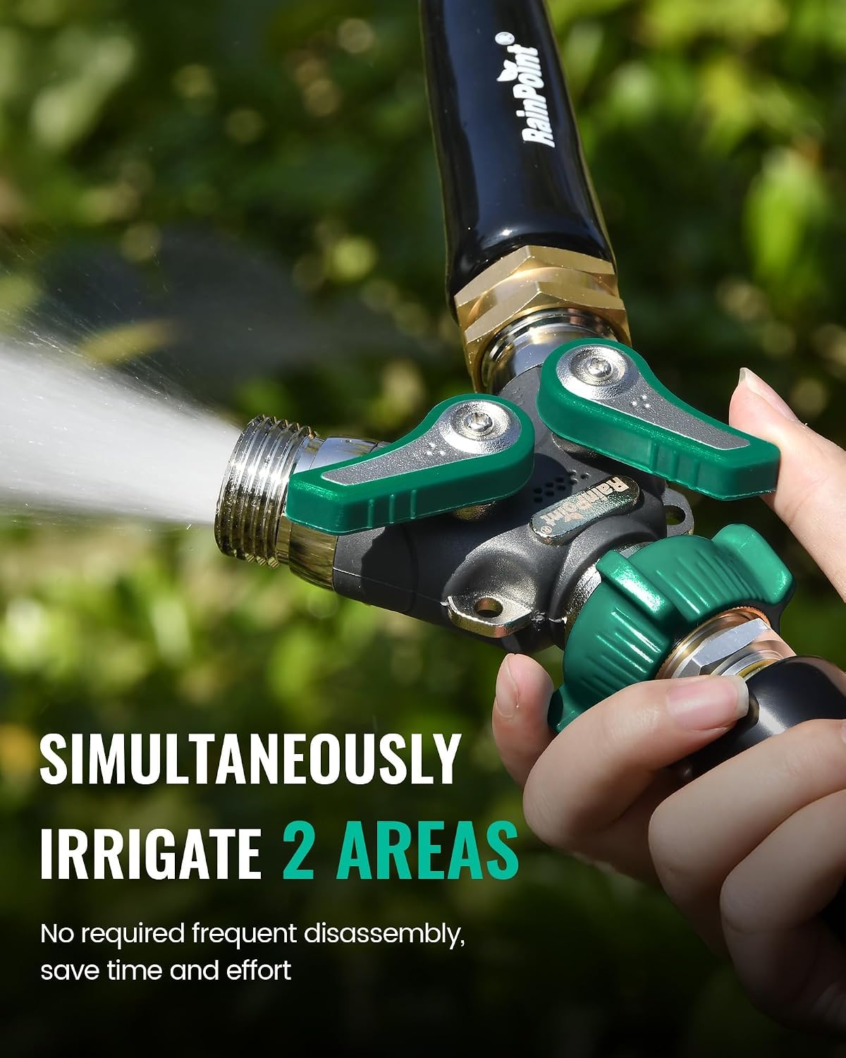 Garden Hose Splitter, 2 Way Heavy Duty Water Hose Y Spigot Splitter with Shutoff Valves, 100% Metal Body Outdoor Faucet Splitter, 1.9" Extra Long Metal Handle (1, Deep Green)
