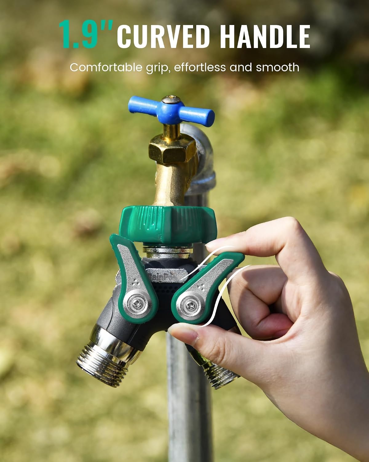 Garden Hose Splitter, 2 Way Heavy Duty Water Hose Y Spigot Splitter with Shutoff Valves, 100% Metal Body Outdoor Faucet Splitter, 1.9" Extra Long Metal Handle (1, Deep Green)
