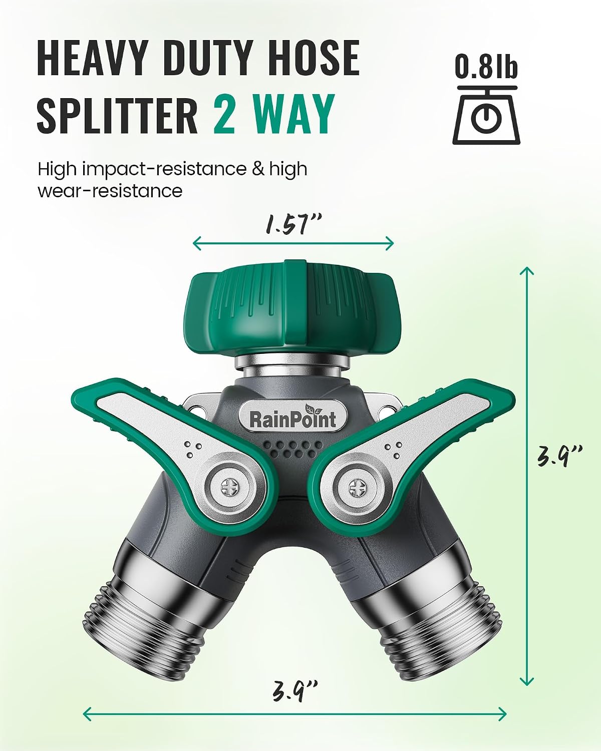 Garden Hose Splitter, 2 Way Heavy Duty Water Hose Y Spigot Splitter with Shutoff Valves, 100% Metal Body Outdoor Faucet Splitter, 1.9" Extra Long Metal Handle (1, Deep Green)