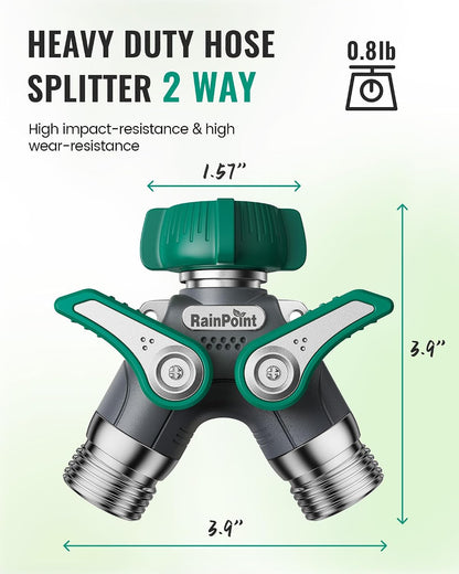 Garden Hose Splitter, 2 Way Heavy Duty Water Hose Y Spigot Splitter with Shutoff Valves, 100% Metal Body Outdoor Faucet Splitter, 1.9" Extra Long Metal Handle (1, Deep Green)