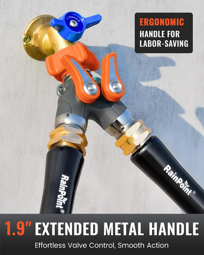 Garden Hose Splitter, 2 Way Heavy Duty Water Hose Y Spigot Splitter with Shutoff Valves, 100% Metal Body Outdoor Faucet Splitter, 1.9" Extra Long Metal Handle (1, Deep Green)