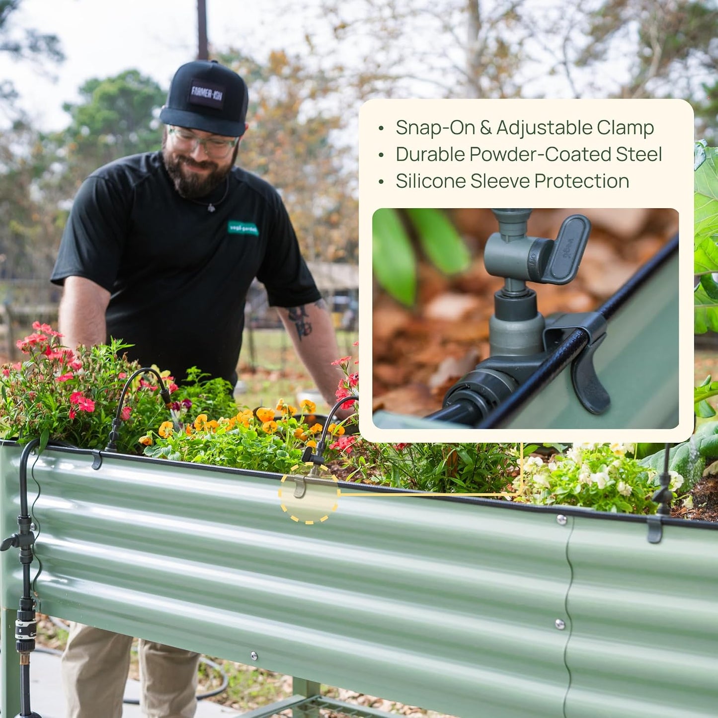 Clamp Set for Irrigation Kit – 10-Pack Adjustable Snap-On Clamps with Powder-Coated Steel & Silicone Sleeves, Drill-Free Irrigation Support for Raised & Elevated Garden Beds