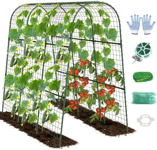 Cucumber Trellis, Metal Garden Arch Trellis for Raised Bed, 48 x 48inch U-Shape Garden Trellis for Climbing Plants Outdoor, Vegetables Fruit Plant Support with Netting, Gardening Supplies (Green)