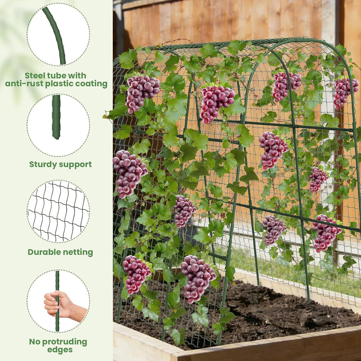 Cucumber Trellis, Metal Garden Arch Trellis for Raised Bed, 48 x 48inch U-Shape Garden Trellis for Climbing Plants Outdoor, Vegetables Fruit Plant Support with Netting, Gardening Supplies (Green)