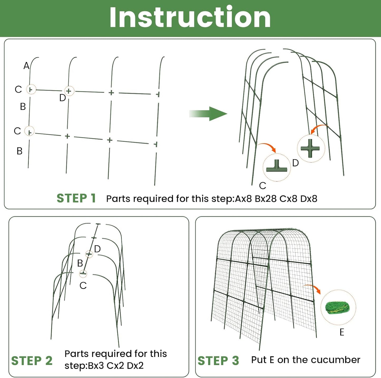 Cucumber Trellis, Metal Garden Arch Trellis for Raised Bed, 48 x 48inch U-Shape Garden Trellis for Climbing Plants Outdoor, Vegetables Fruit Plant Support with Netting, Gardening Supplies (Green)