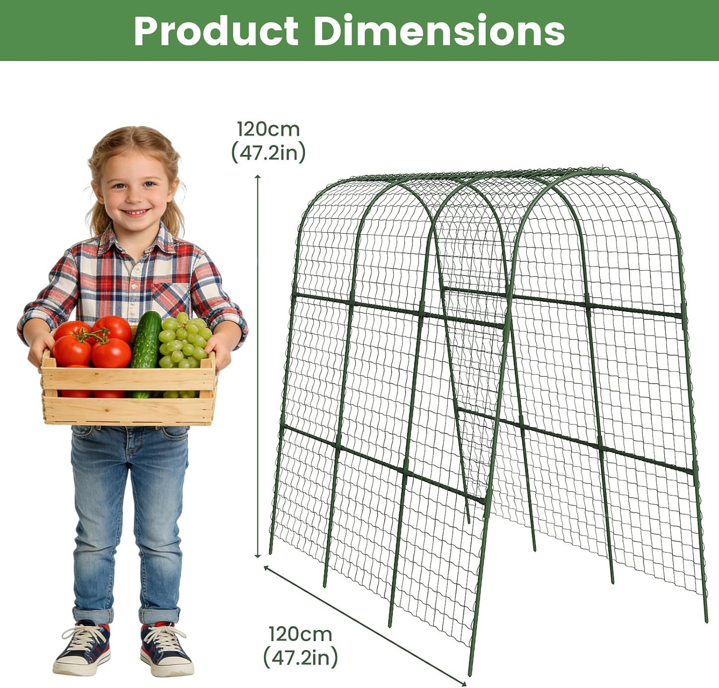Cucumber Trellis, Metal Garden Arch Trellis for Raised Bed, 48 x 48inch U-Shape Garden Trellis for Climbing Plants Outdoor, Vegetables Fruit Plant Support with Netting, Gardening Supplies (Green)