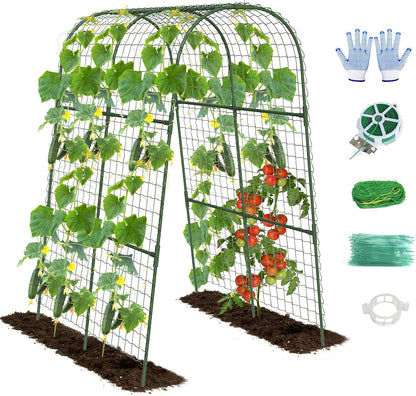 Cucumber Trellis, Metal Garden Arch Trellis for Raised Bed, 48 x 48inch U-Shape Garden Trellis for Climbing Plants Outdoor, Vegetables Fruit Plant Support with Netting, Gardening Supplies (Green)