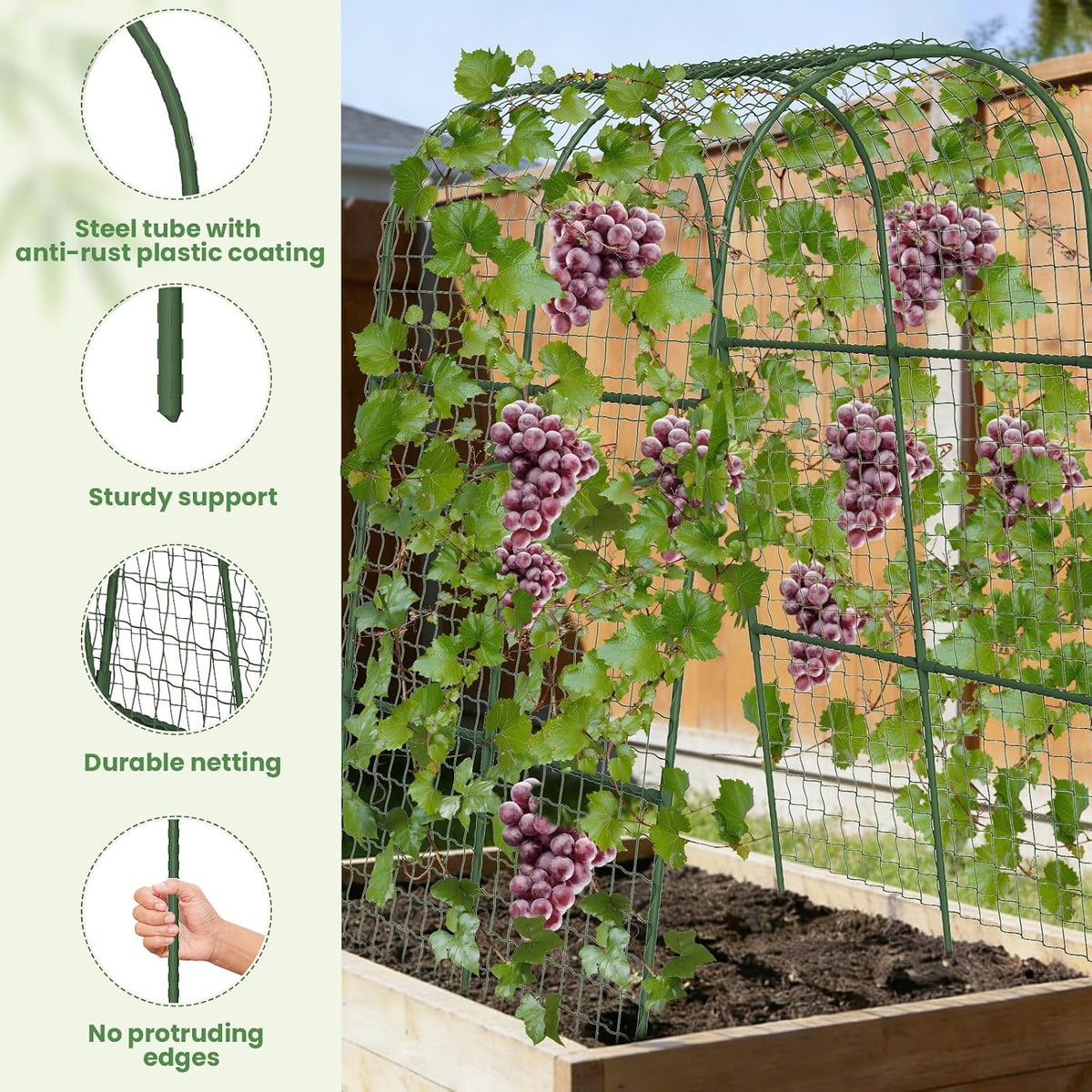 Cucumber Trellis, Metal Garden Arch Trellis for Raised Bed, 48 x 48inch U-Shape Garden Trellis for Climbing Plants Outdoor, Vegetables Fruit Plant Support with Netting, Gardening Supplies (Green)