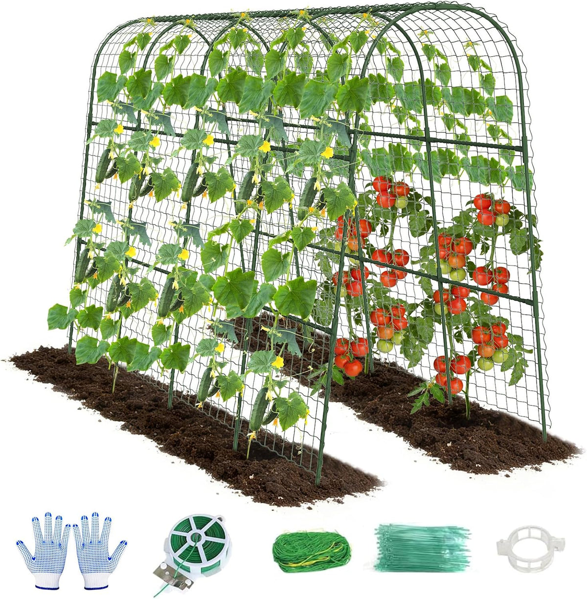 Cucumber Trellis, Metal Garden Arch Trellis for Raised Bed, 48 x 48inch U-Shape Garden Trellis for Climbing Plants Outdoor, Vegetables Fruit Plant Support with Netting, Gardening Supplies (Green)