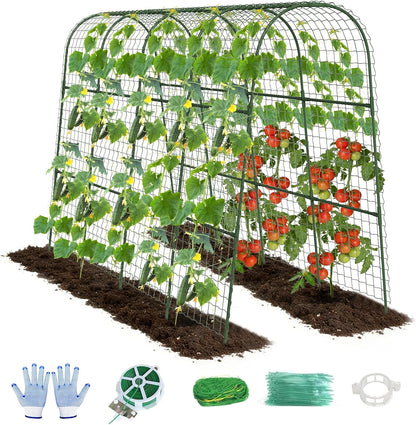 Cucumber Trellis, Metal Garden Arch Trellis for Raised Bed, 48 x 48inch U-Shape Garden Trellis for Climbing Plants Outdoor, Vegetables Fruit Plant Support with Netting, Gardening Supplies (Green)