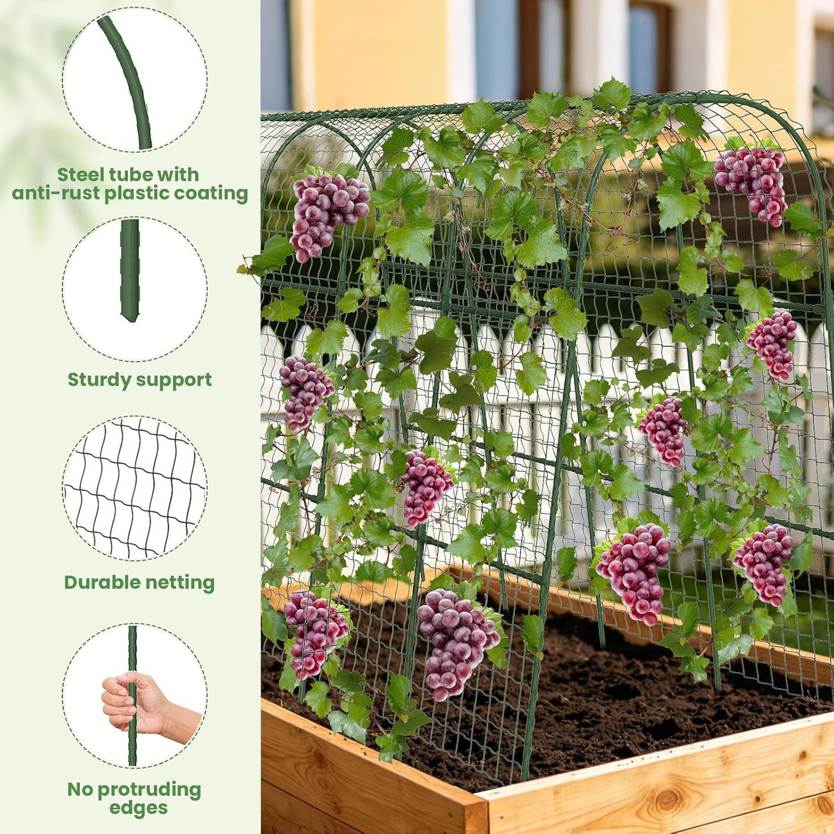 Cucumber Trellis, Metal Garden Arch Trellis for Raised Bed, 48 x 48inch U-Shape Garden Trellis for Climbing Plants Outdoor, Vegetables Fruit Plant Support with Netting, Gardening Supplies (Green)