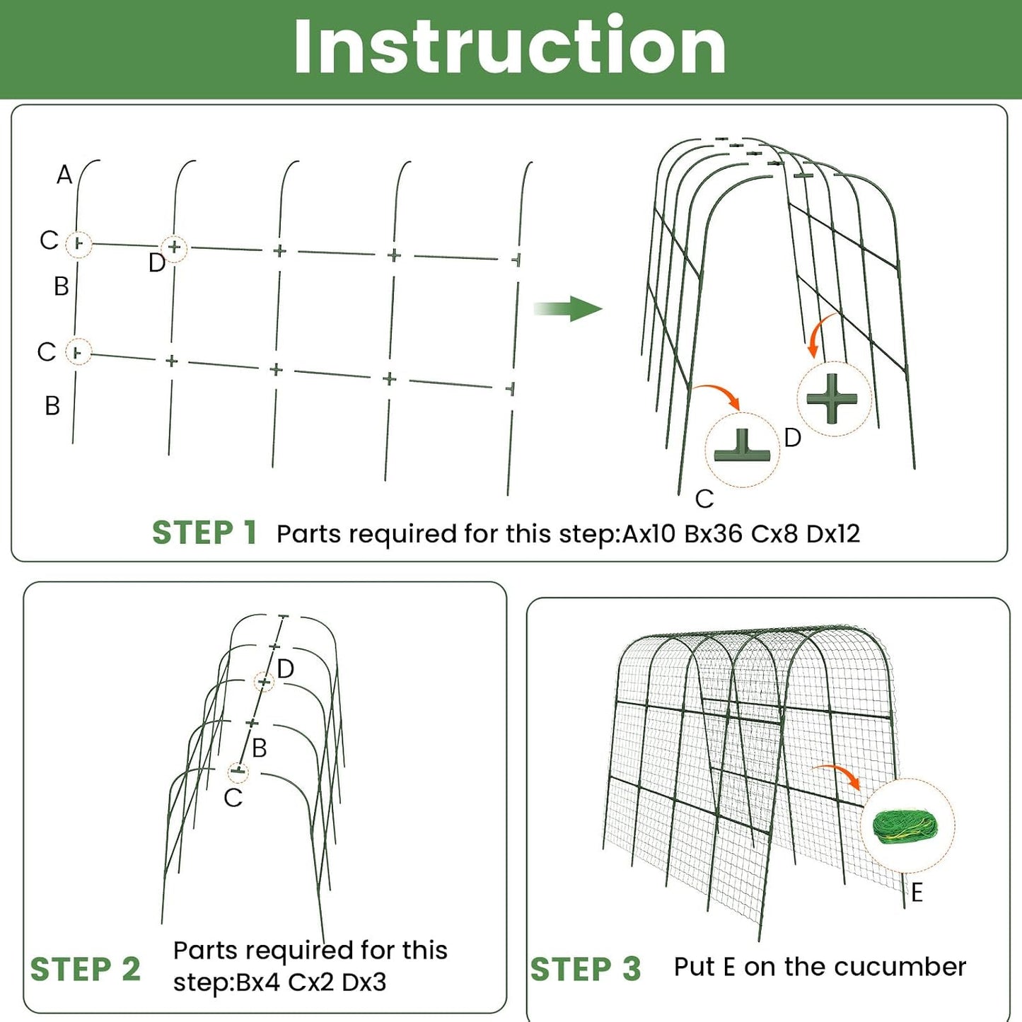 Cucumber Trellis, Metal Garden Arch Trellis for Raised Bed, 48 x 48inch U-Shape Garden Trellis for Climbing Plants Outdoor, Vegetables Fruit Plant Support with Netting, Gardening Supplies (Green)