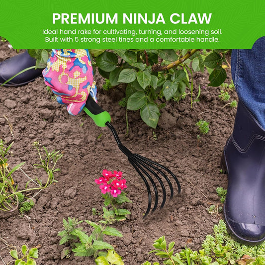 Hand Rake Cultivator Claw Soil Tiller with Ergonomic Handle - Military Grade Steel & Rust Resistant - 5 Tine Japanese Ninja Claw - Perfect Pulverized and Aerated Soil