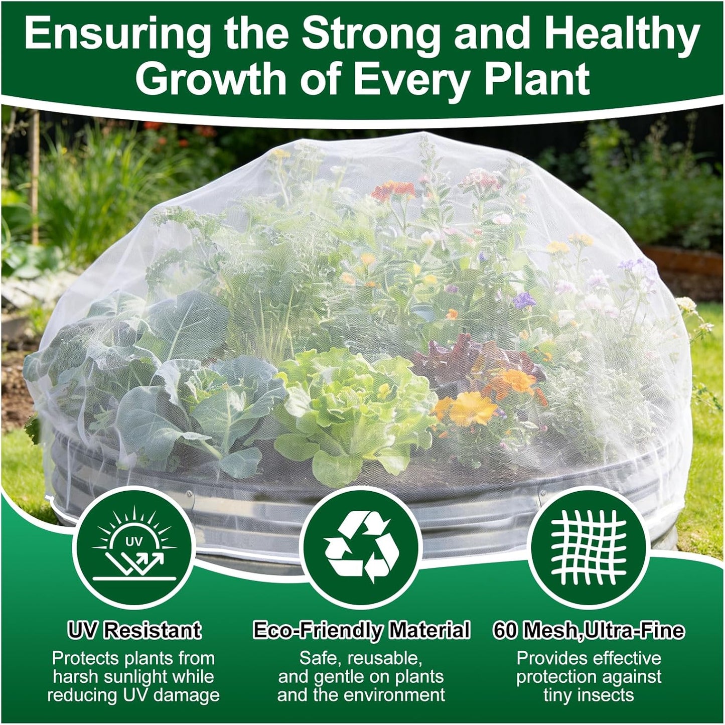 2 Pack Garden Netting for Raised Beds, Fits 2 ft Dia x 1 ft H Round Beds