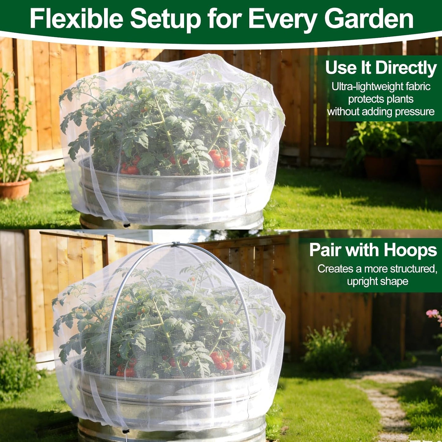 2 Pack Garden Netting for Raised Beds, Fits 2 ft Dia x 1 ft H Round Beds