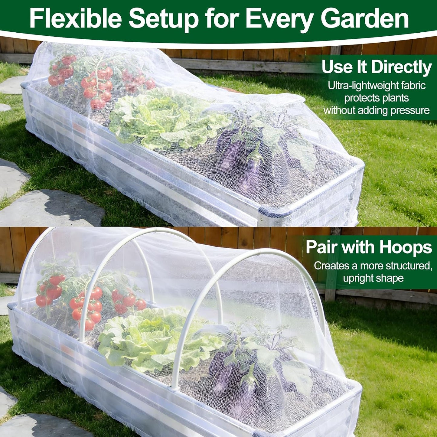 2 Pack Garden Netting for Raised Beds, Fits 2 ft Dia x 1 ft H Round Beds