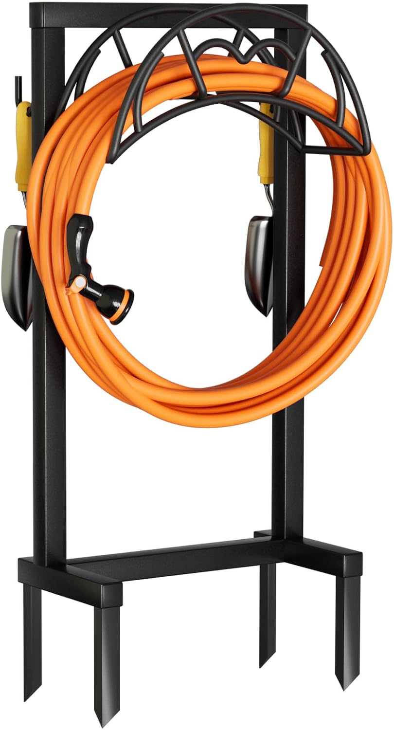 Garden Hose Holder, Freestanding Heavy Duty Water Hose Holder for Outside, Upgraded Metal Hose Stand with 4 Spikes, Detachable Garden Hose Storage Hose Reel Rack, Black