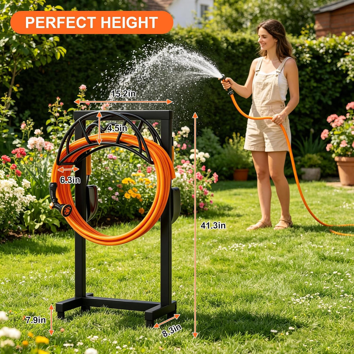 Garden Hose Holder, Freestanding Heavy Duty Water Hose Holder for Outside, Upgraded Metal Hose Stand with 4 Spikes, Detachable Garden Hose Storage Hose Reel Rack, Black