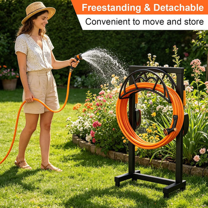 Garden Hose Holder, Freestanding Heavy Duty Water Hose Holder for Outside, Upgraded Metal Hose Stand with 4 Spikes, Detachable Garden Hose Storage Hose Reel Rack, Black