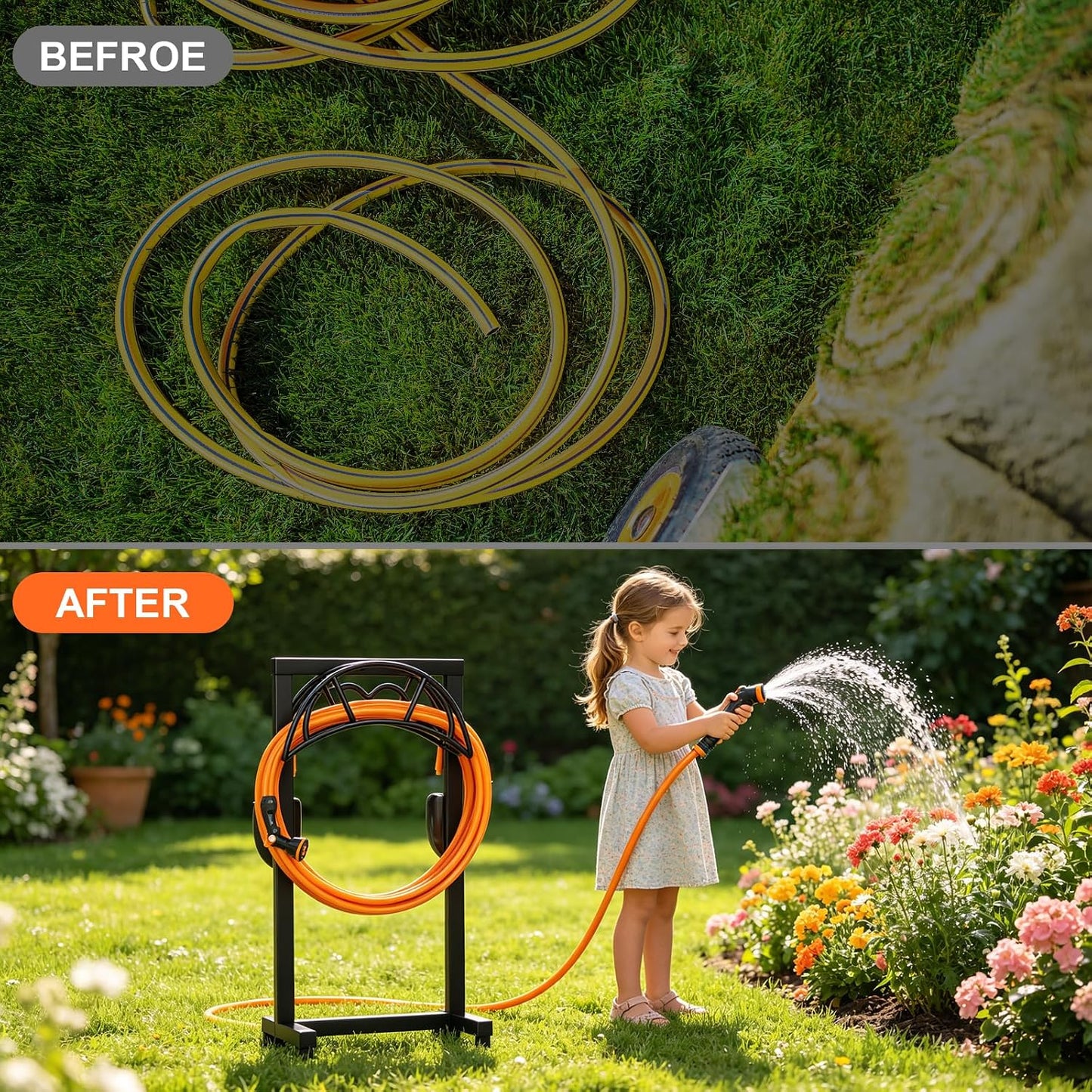 Garden Hose Holder, Freestanding Heavy Duty Water Hose Holder for Outside, Upgraded Metal Hose Stand with 4 Spikes, Detachable Garden Hose Storage Hose Reel Rack, Black