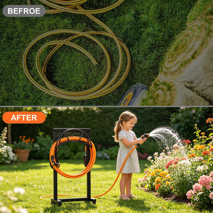 Garden Hose Holder, Freestanding Heavy Duty Water Hose Holder for Outside, Upgraded Metal Hose Stand with 4 Spikes, Detachable Garden Hose Storage Hose Reel Rack, Black