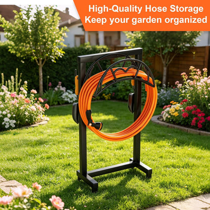 Garden Hose Holder, Freestanding Heavy Duty Water Hose Holder for Outside, Upgraded Metal Hose Stand with 4 Spikes, Detachable Garden Hose Storage Hose Reel Rack, Black