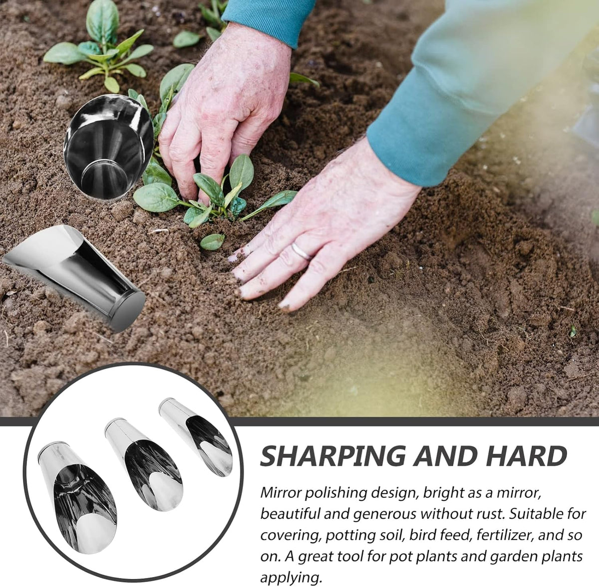 GANAZONO Stainless Steel Soil Scoop Set 3pcs Plant Soil Scoop Bonsai Flower Planting Shovel Cup for Potting Transplanting Weeding Succulent Garden Tasks