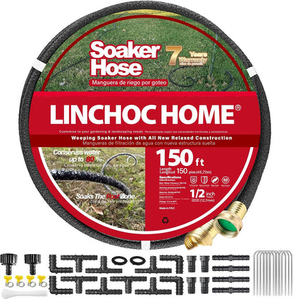 Soaker Hose 150FT 1/2 Inch with Solid Brass Connectors & Garden Stakes Kit, Flexible Leakproof Irrigation System for Garden, Lawn & Landscape