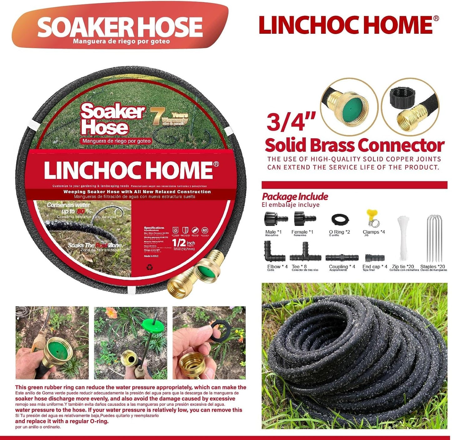 Soaker Hose 150FT 1/2 Inch with Solid Brass Connectors & Garden Stakes Kit, Flexible Leakproof Irrigation System for Garden, Lawn & Landscape
