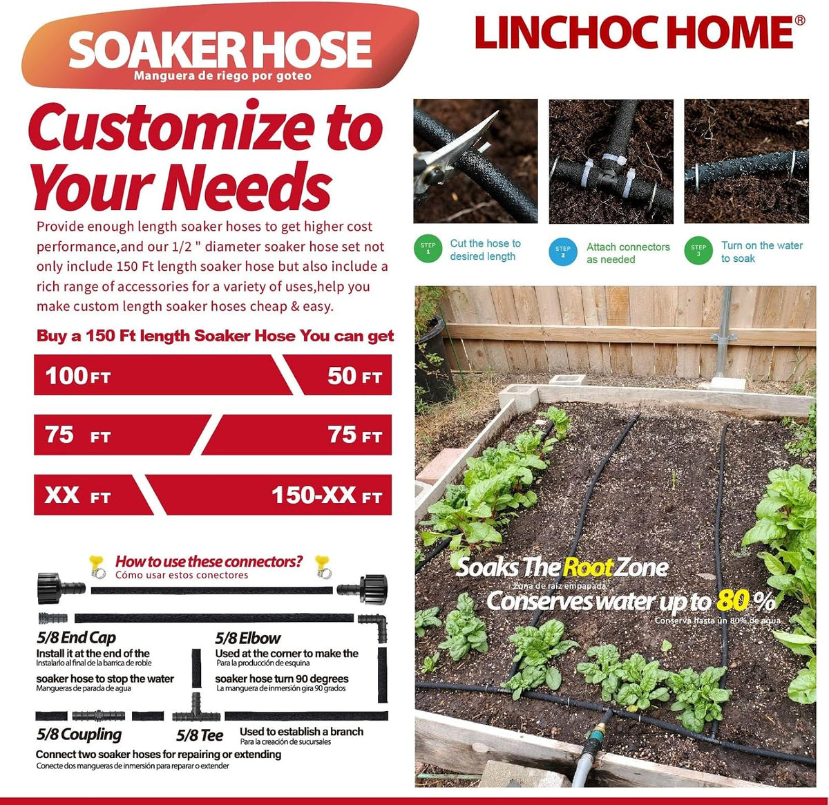 Soaker Hose 150FT 1/2 Inch with Solid Brass Connectors & Garden Stakes Kit, Flexible Leakproof Irrigation System for Garden, Lawn & Landscape