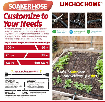 Soaker Hose 150FT 1/2 Inch with Solid Brass Connectors & Garden Stakes Kit, Flexible Leakproof Irrigation System for Garden, Lawn & Landscape