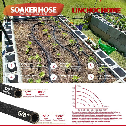 Soaker Hose 150FT 1/2 Inch with Solid Brass Connectors & Garden Stakes Kit, Flexible Leakproof Irrigation System for Garden, Lawn & Landscape